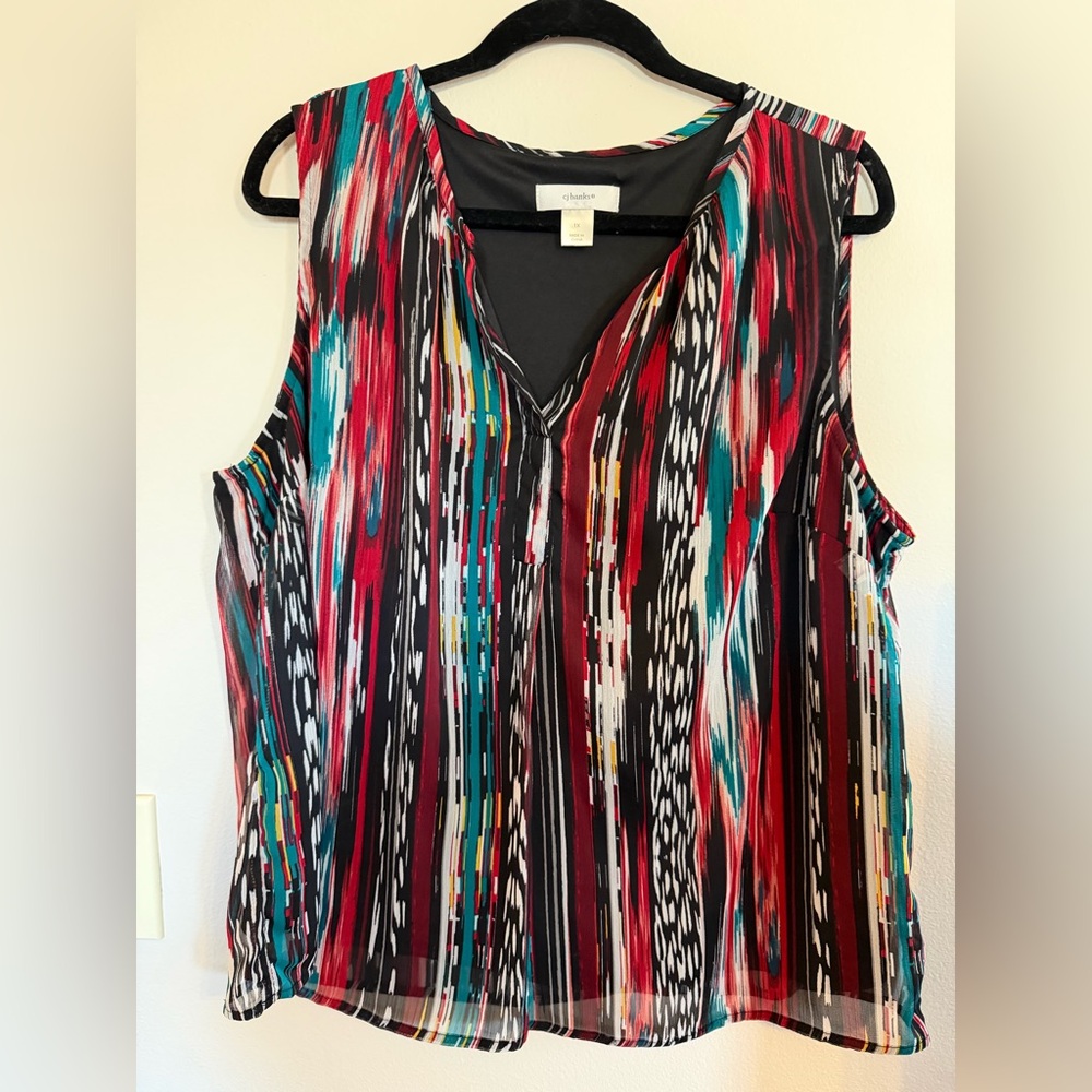 CJ Banks Red Multi-Stripe Sleeveless V-Neck Top